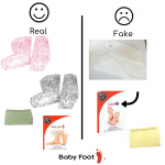 an info graphic comparing real baby foot products and packaging to fake ones